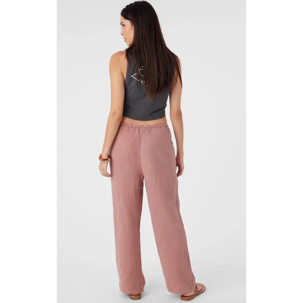 O'Neill Wide-Leg Cropped Pants - Crinkle Cotton, Rosewood Pink Drawstring - Picture 2 of 5